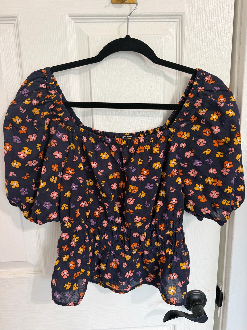 Madewell Women’s Puff Sleeve Floral Top in Navy - Size M